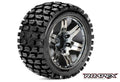 Tracker 1/10 Stadium Truck Tires, Mounted on Chrome Black Wheels, 0 Offset, 12mm Hex (1 pair)