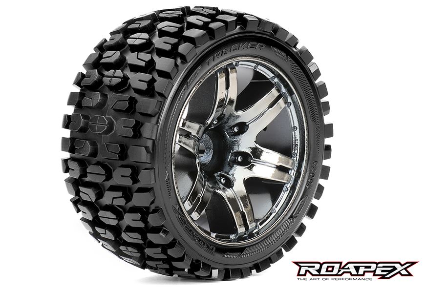 Tracker 1/10 Stadium Truck Tires, Mounted on Chrome Black Wheels, 0 Offset, 12mm Hex (1 pair)