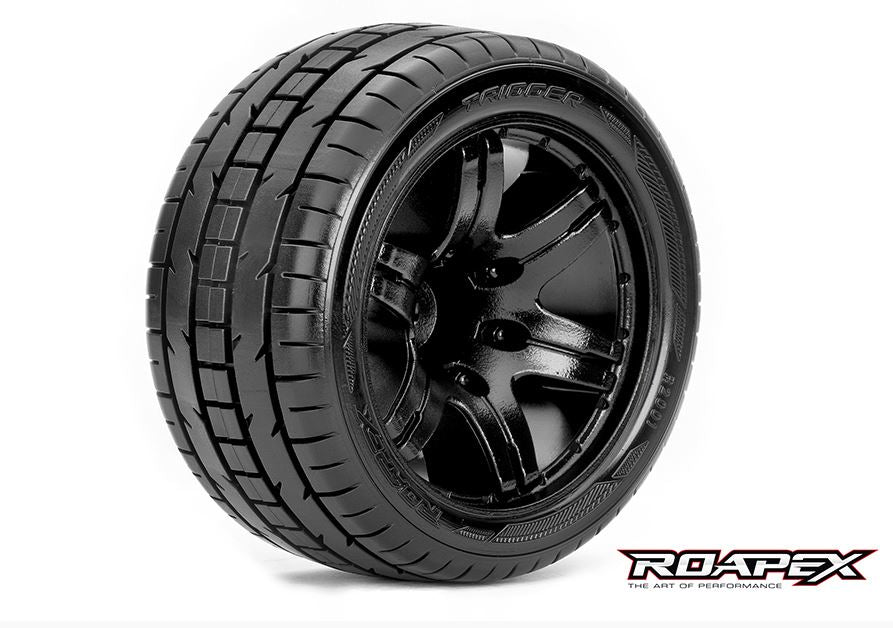 Trigger 1/10 Stadium Truck Tires, Mounted on Black Wheels, 1/2 Offset, 12mm Hex (1 pair)