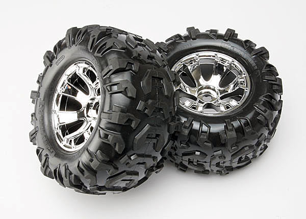 5673 - Tires & wheels, assembled, glued (Geode chrome wheels, Canyon AT tires, foam inserts) (2) (use with 17mm splined wheel hubs & nuts, part #5353X & beadlock-style sidewall protectors, part #5665, 5666, 5667)