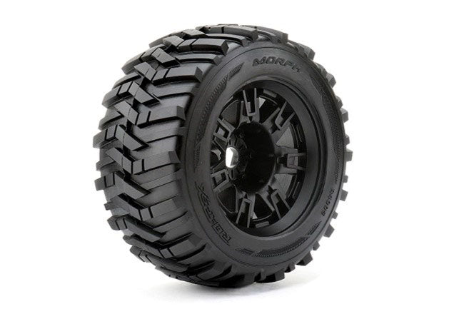 Morph 1/8 Monster Truck Tires Mounted on Black Wheels, 1/2" Offset, 17mm Hex (1 pair)