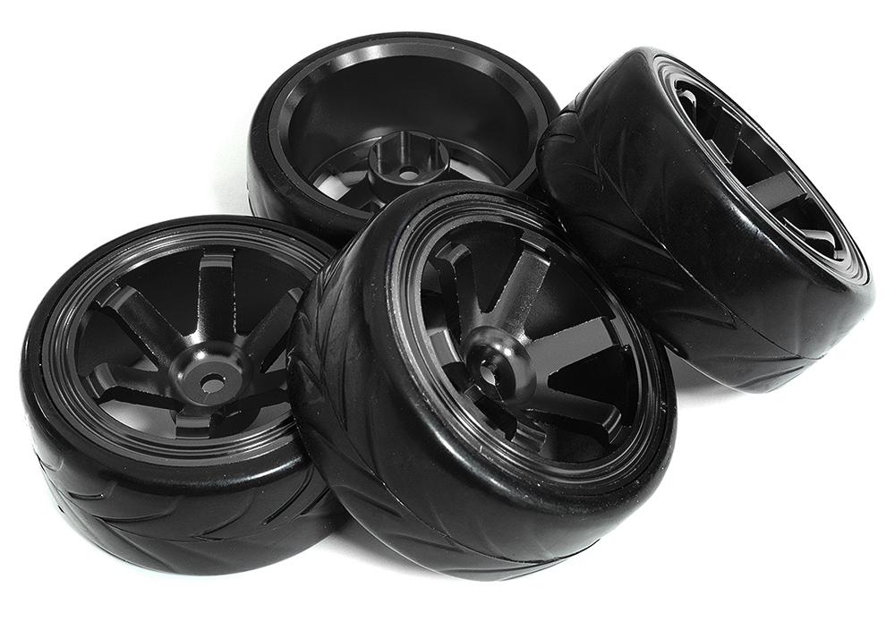 6 Spoke Complete Wheel & Tire Set (4) for Drift Racing (O.D.=62mm) C31347BLACK