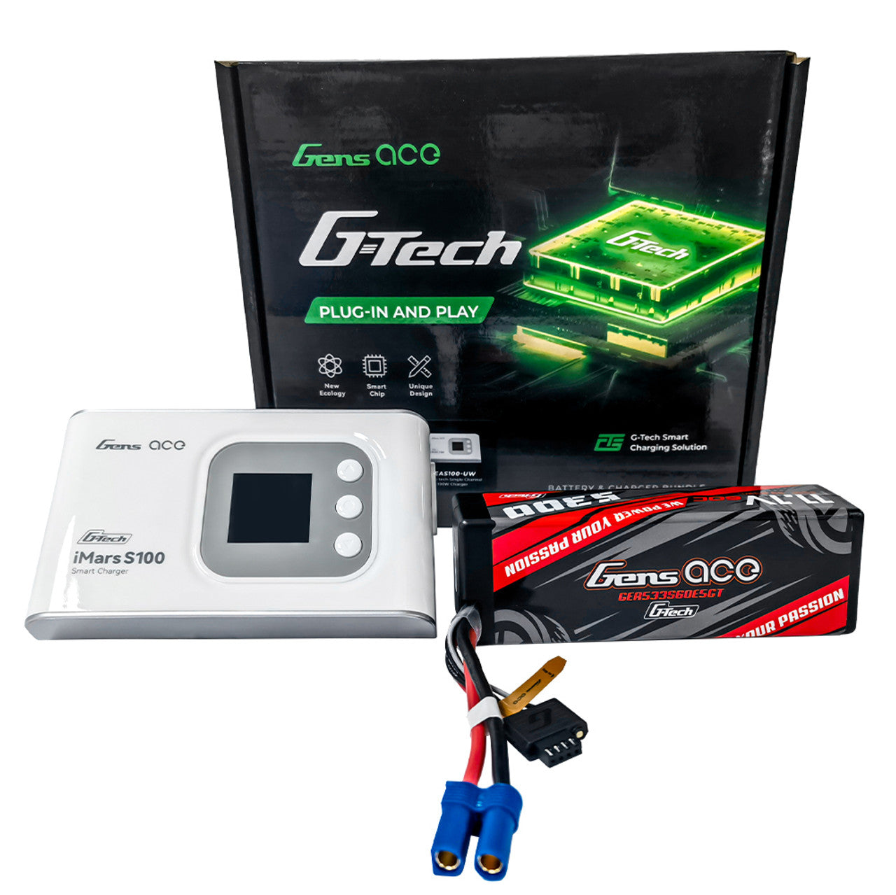 GEAS100533S60GT      Gens ace 5300mAh 3S 60C 11.1V HardCase G-Tech Lipo Battery 15# With EC5 Plug *1 + IMars S100 G-Tech AC Balance RC Battery Smart Charger-White*1 - Charger Combo