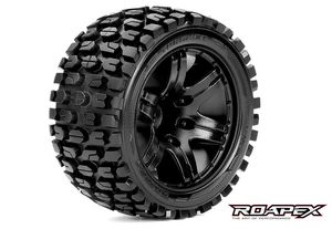 Tracker 1/10 Stadium Truck Tires, Mounted on Black Wheels, 1/2 Offset, 12mm Hex (1 pair)